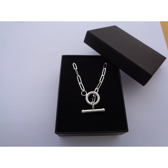 925 Sterling Silver Paperclip Necklace, Toggle Clasp Necklace, Long Link Chain - Picture 3 of 5